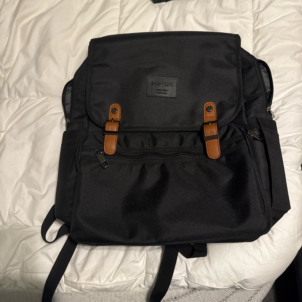 Black Laptop Backpack with Brown Accents